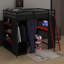 Lit mezzanine en bois pleine grandeur avec garde-robe, tablettes et lumières RVB-1434046593