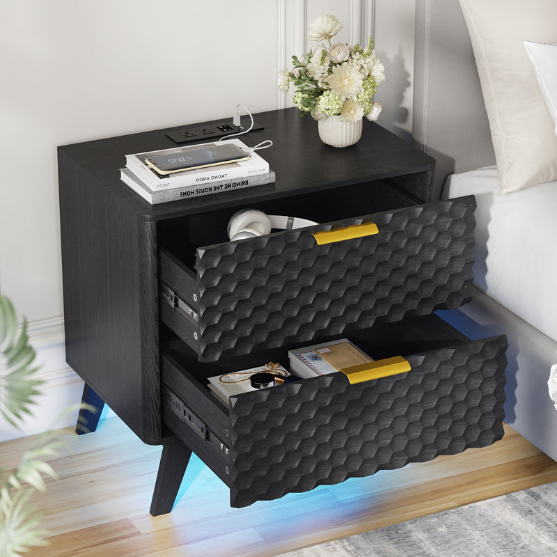 23.6'' W 2-Drawer Nightstand With Built-In Outlets And Human Sensor Light, Black