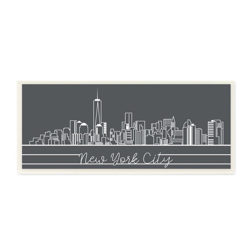 Dessin au trait géométrique rétro de la ville de New York, H 7 po x l 17 po x P 0,5 po, Bois naturel