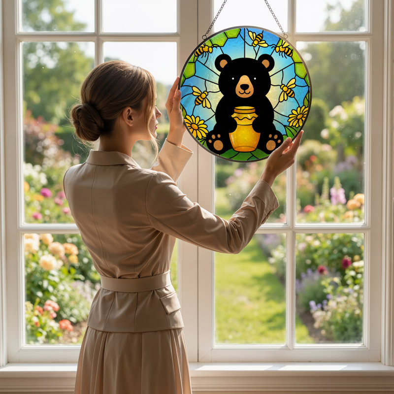 7.8"H Bear Hive Stained Glass Window Panel, 7.8" H x 7.8" W