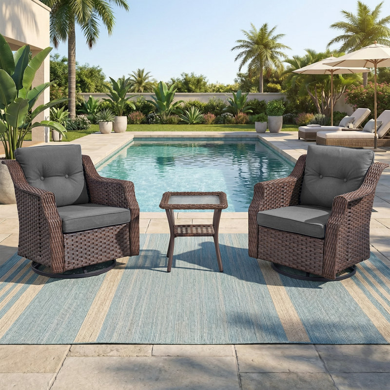 Chaises berçantes pivotantes d'extérieur en rotin 3 pièces avec table d'appoint en verre, Gris