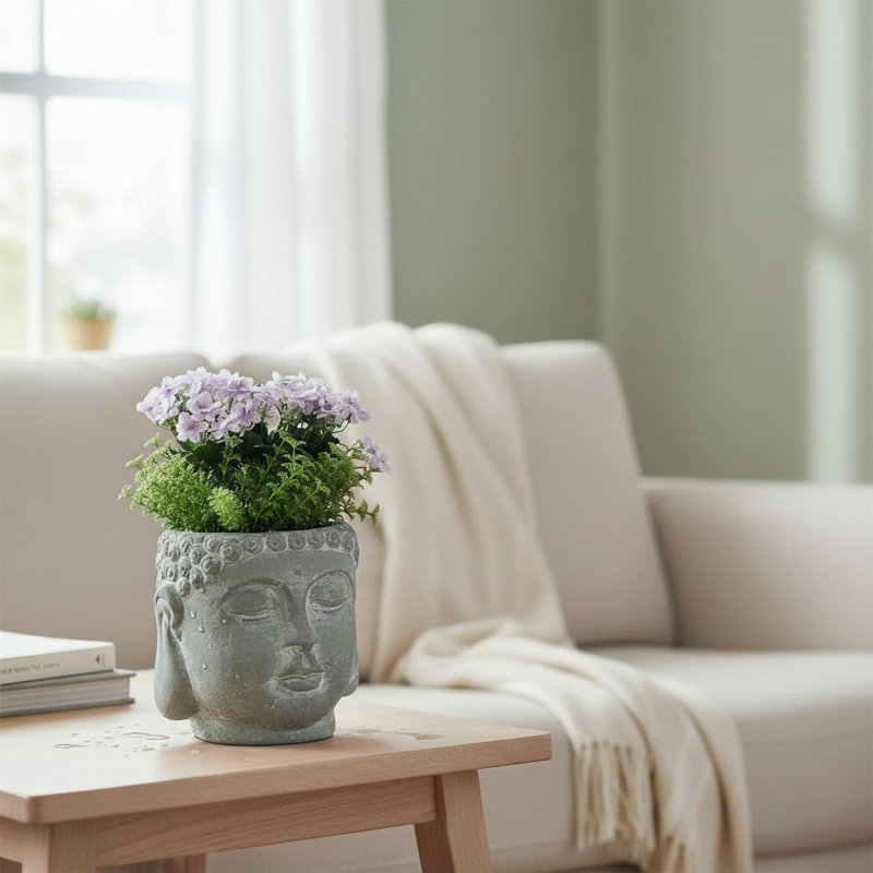 Grey Cement Buddha Bust Planter - Stone Effect Hand-Finished Planter for Indoor & Outdoor Home and Garden Décor