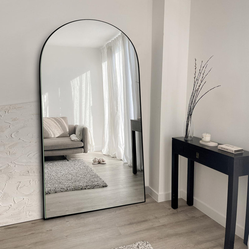 Leeron Oversized Arch Solid Wood Floor Mirror with Stand, Black, 70.9" x 31.5"
