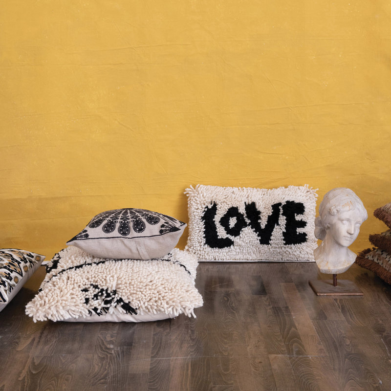 Woven Wool Shag Lumbar Pillow with "Love" Design
