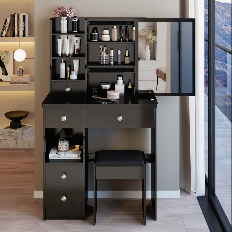 Petit meuble-lavabo avec miroir coulissant et rangement, Noir