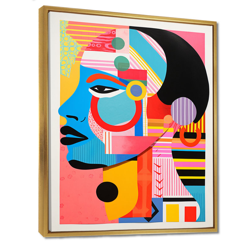 «Afro American Colorful Retro Collage I - Abstract Portraits», art mural, Cadre flottant doré, H 44 po x l 34 po x P 1,5 po