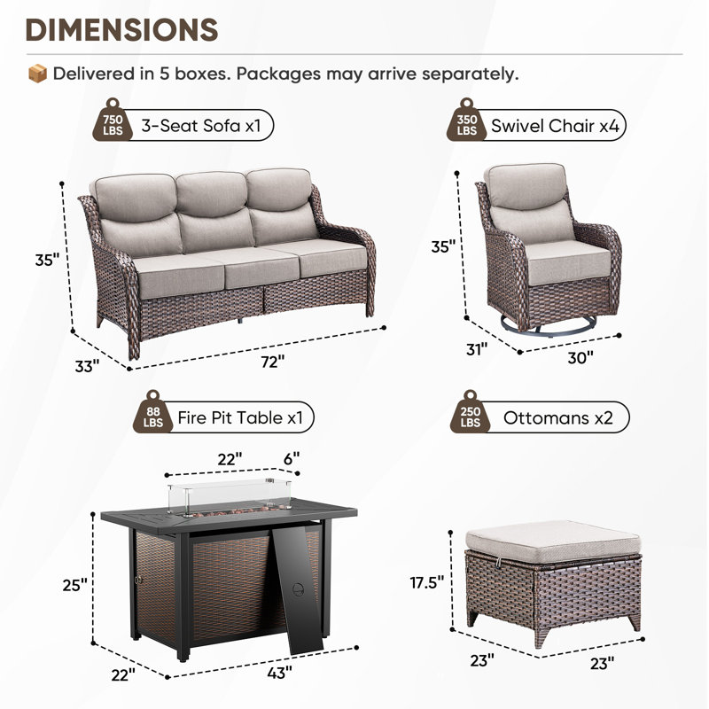 Ensemble de conversation d'extérieur 8 pièces avec foyer rectangulaire en métal Smilario, 4 fauteuils pivotants et 3 sièges, coussins épais
