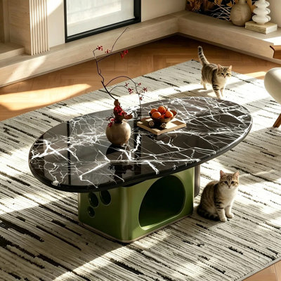 50.39" 2-in-1 Cat-Friendly Oval Coffee Table, Black Marble Veneer Top with Built-in Cat House, 400 lbs Weight Capacity, Quick Assembly for Living Room, Limited Stock Available