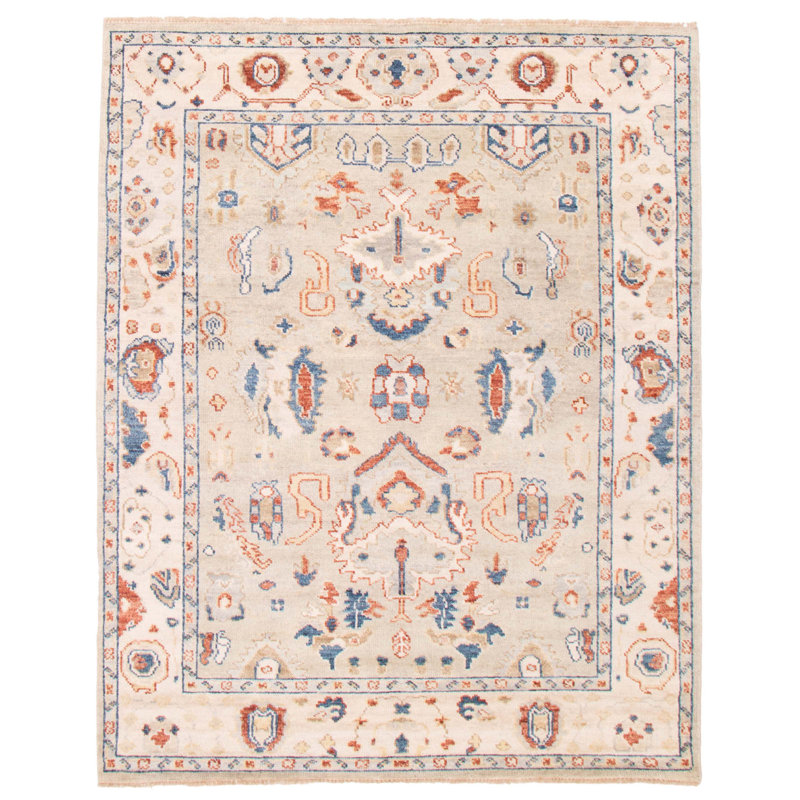 Tapis unique en laine noué à la main 8 pi x 9 pi 11 po nouvel âge en beige / bleu / rouille Jules