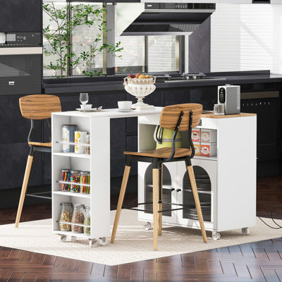 Medium Width Rolling Kitchen Island With Fluted Glass Doors And Storage - Led , Power Outlet, 2 Open Shelves, White On Wheels Extended Tabletop, Lights, White, Classic Look