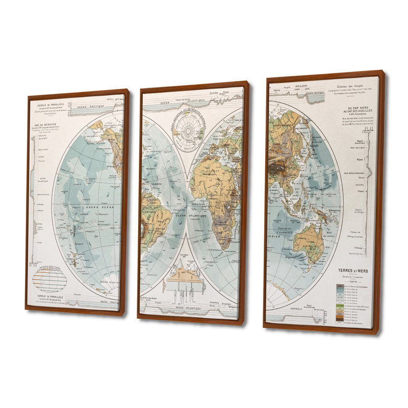Ancienne carte du monde II - cadre flottant 3 pièces, impression sur toile, H 28 po x l 36 po, Brun