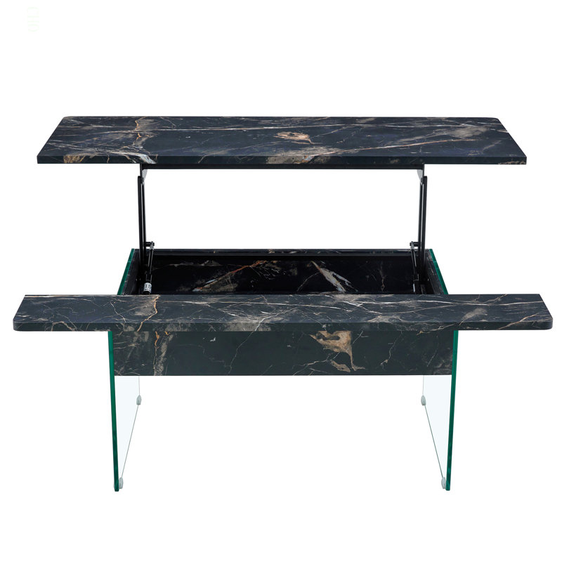 Table basse à plateau relevable de 43,3 po avec rangement - verre marbré et tempe (capacité de 300 lb) pour un salon, un bureau