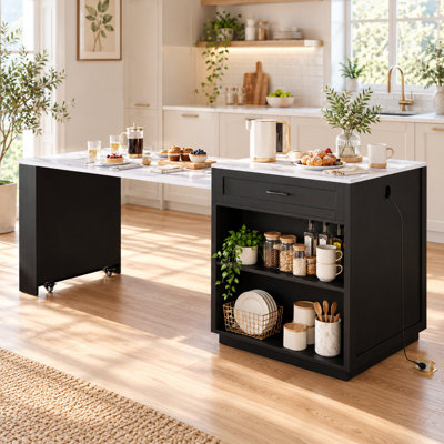 Farmhouse Kitchen Island with Expandable Dining Table, Drawers and Open Storage Shelves