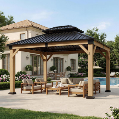 12 ft. W x 10 ft. D Outdoor Cedar Wood Gazebo with Galvanized Steel Double Roof