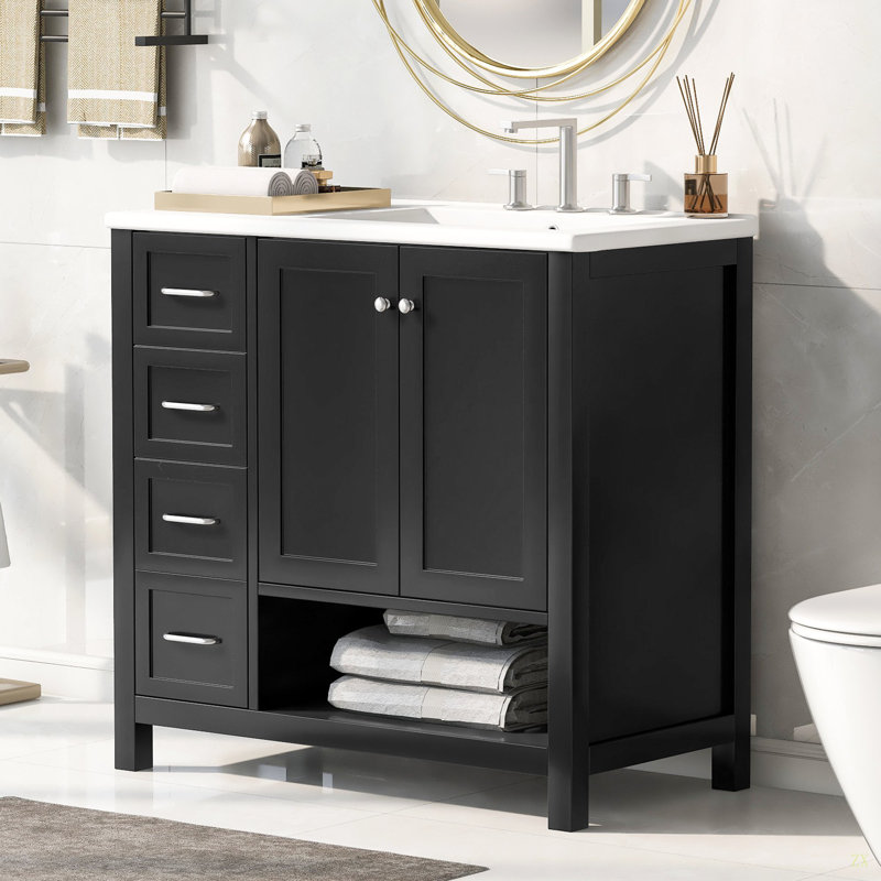 Meuble-lavabo 36 po avec comptoir d'évier, meuble-lavabo avec deux portes et deux tiroirs, bois massif, tablette ouverte, panneaux de fibres à densité moyenne, un paquet
