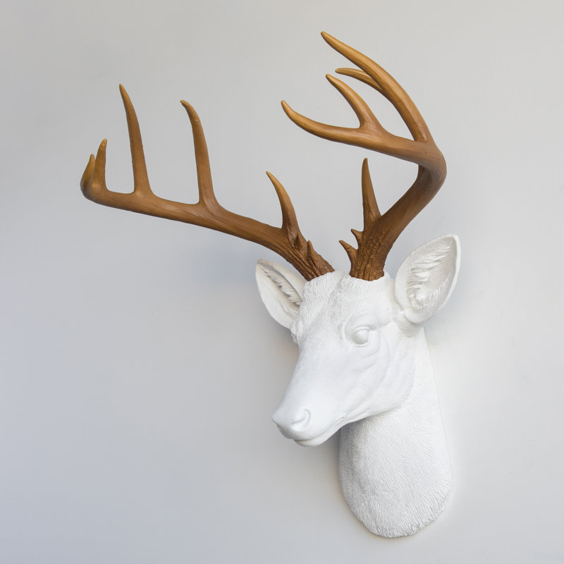 Grande décoration murale fausse tête de cerf naturalisée, Blanc / Brun