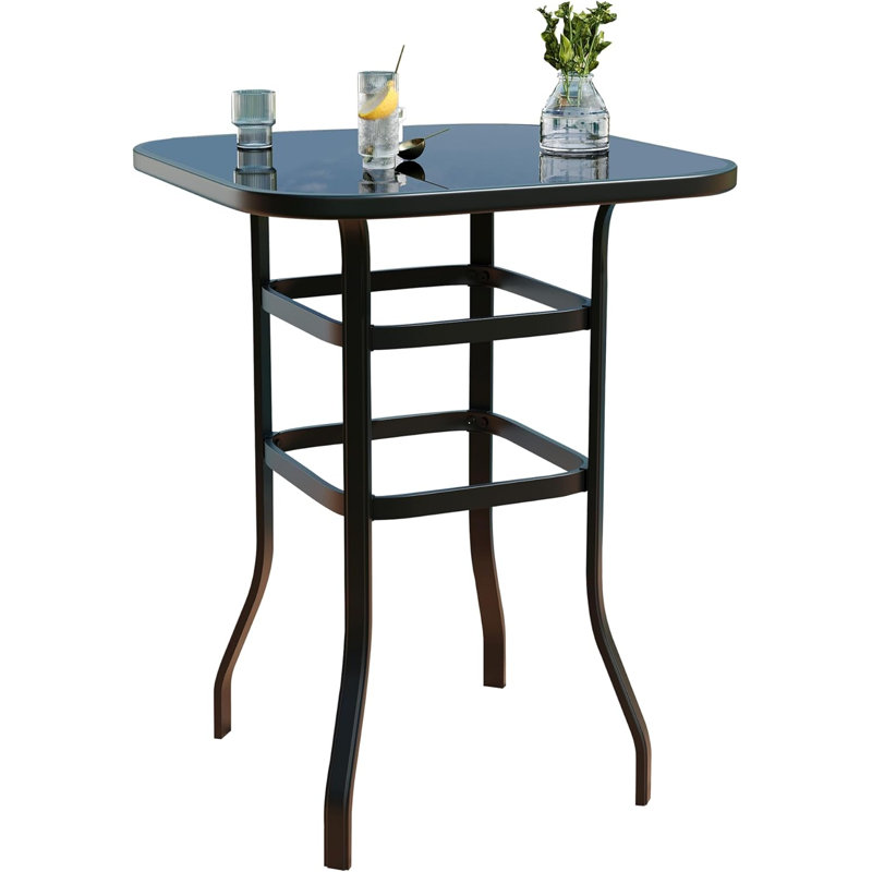 Bar Height Patio Table, High Top Outdoor Table with Tempered Glass Top, Rust-Proof Metal Frame, All-Weather High Top Table for Backyard, Garden, Poolside and Balcony