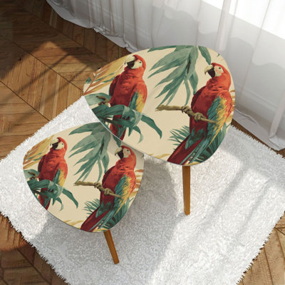 Triangle Nesting Coffee Table Set of 2 Macaw parrots green palm leaves white seamless Tropical birds plants End Table Modern Minimalist Side Table Set for Living Room Bedroom