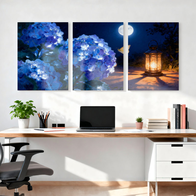 «Blue Hydrangea and Moonlit Lantern», reproduction d'art sur toile tendue sur toile (ensemble de 3), H 18 po x l 36 po
