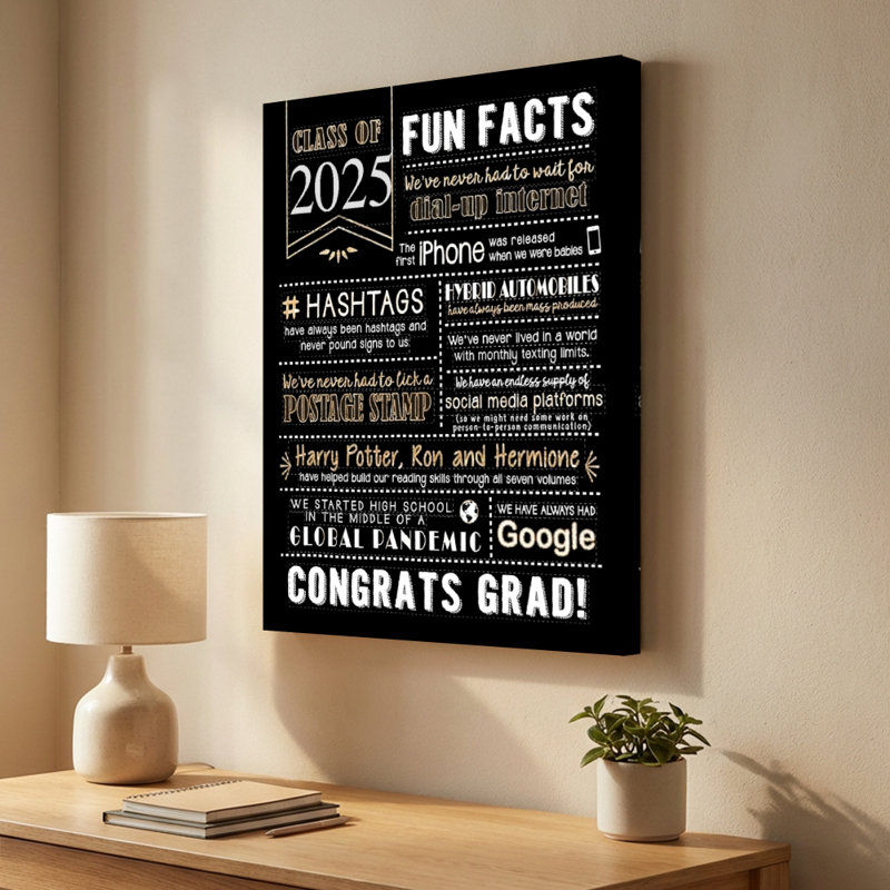 Classe de 2025 faits amusants, affiche, texte de célébration, art mural sur toile - art typographique de style tableau noir. Peinture moderne, galerie profonde de 1 po, 24 po x 36 po
