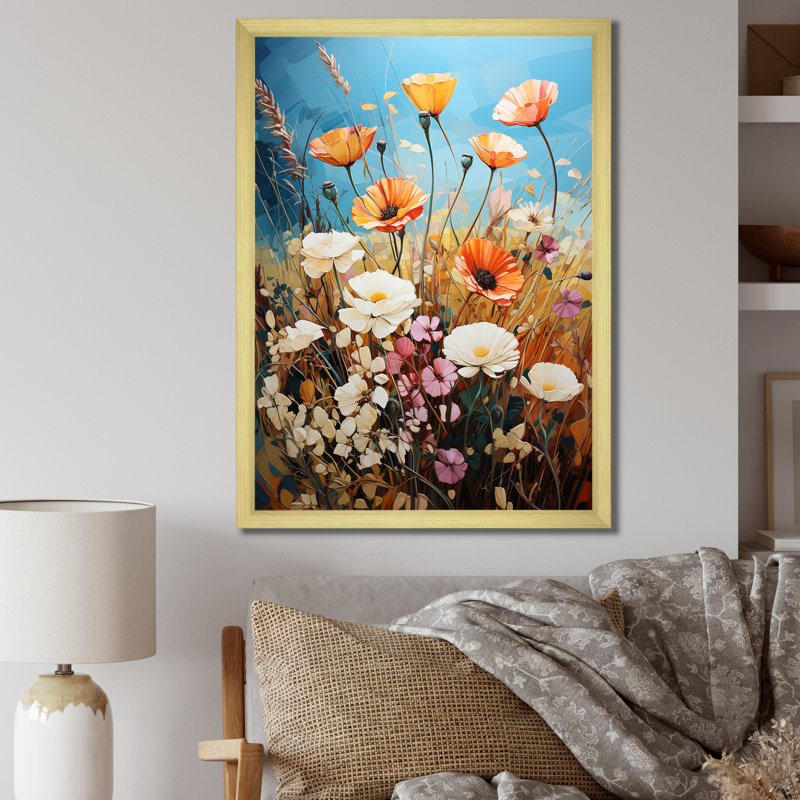 «Dazhaun Meadow Contemporary Wildflowers Pointillism», reproduction, H 44 po x l 34 po x P 1,5 po, Encadrement doré
