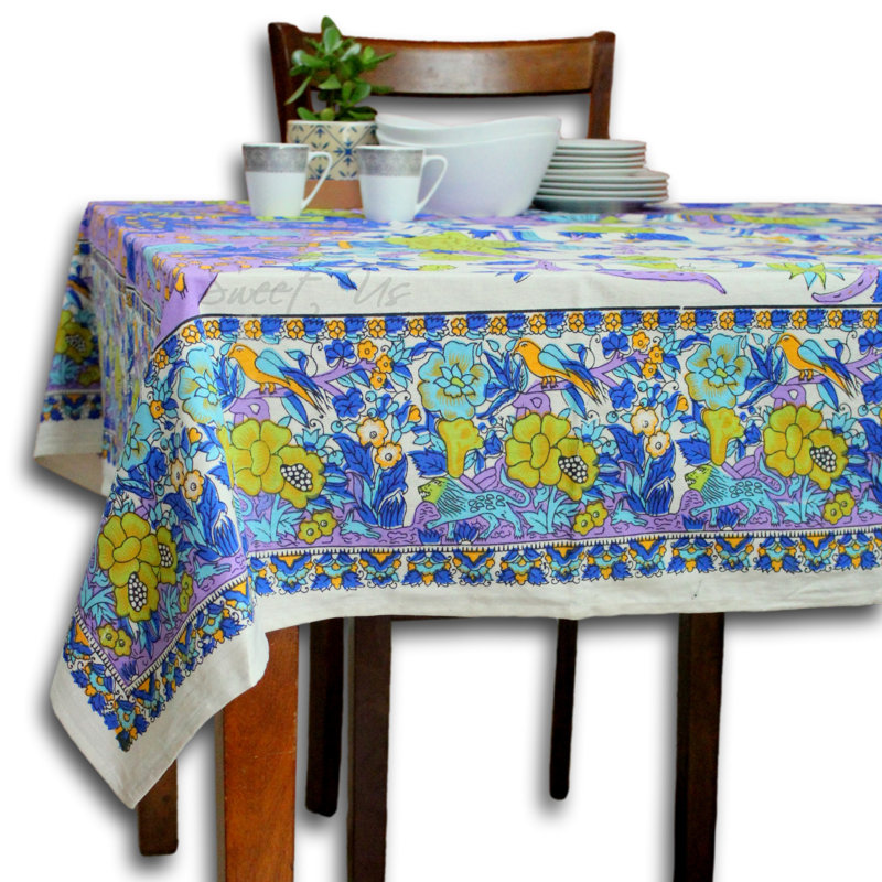 Floral Tree of Life 100% Cotton Square Tablecloth, Purple Green
