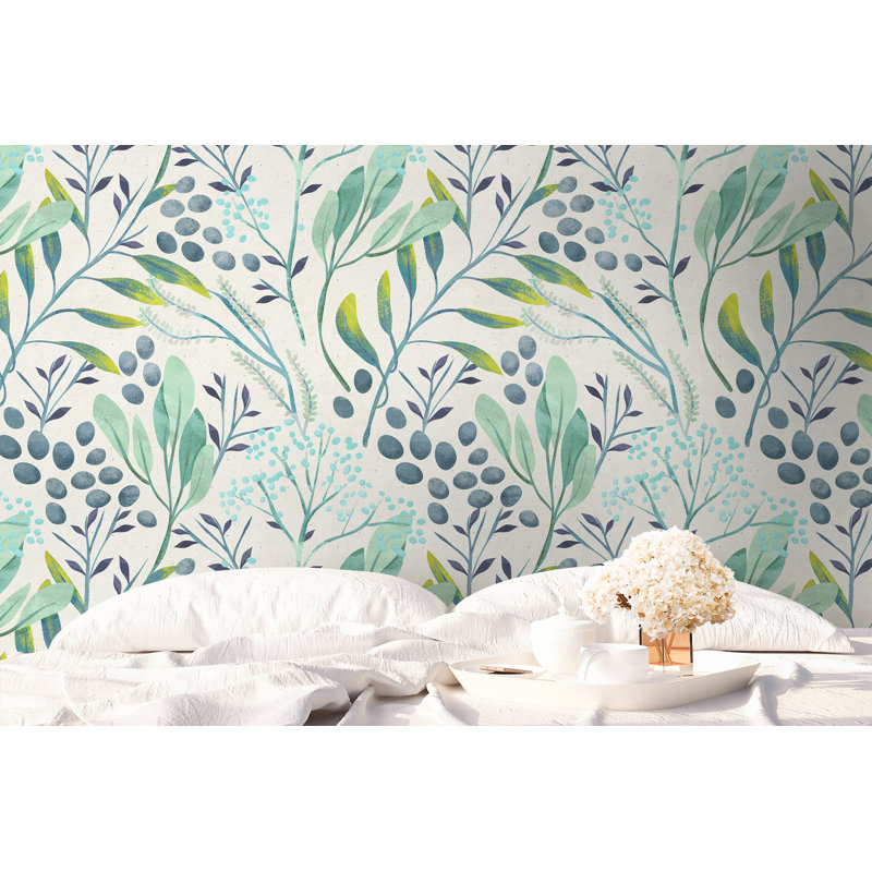 Papier peint amovible floral avec branches et feuilles vertes, L 9 po x l 15 po