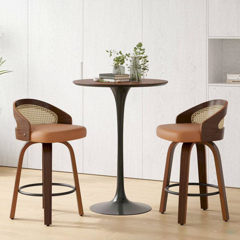 Ensemble de 2 tabourets de bar pivotants, structure en bois moderne avec dossier en rotin, tabouret en cuir de polyuréthane pour comptoir de cuisine, tabourets de bar rembourrés avec repose-pieds de style Mid-Century, tabourets de comptoir industriels