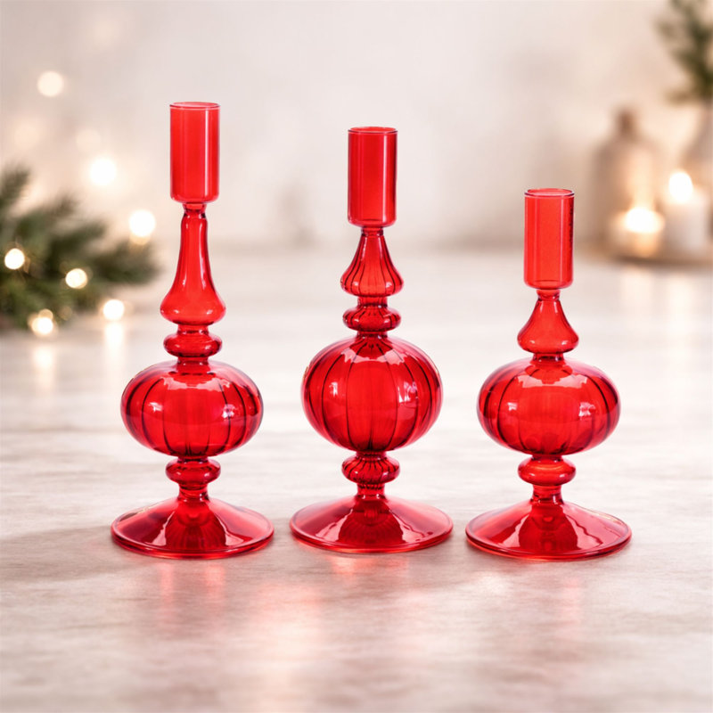 Porte-bougie conique en verre nervuré, Rouge, H 6,9 po x l 3,25 po x P 3,2 po