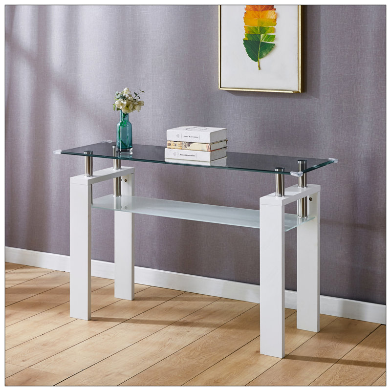 Console blanche en panneau de fibres à densité moyenne, plateau en verre trempé, table de vestibule moderne, Blanc