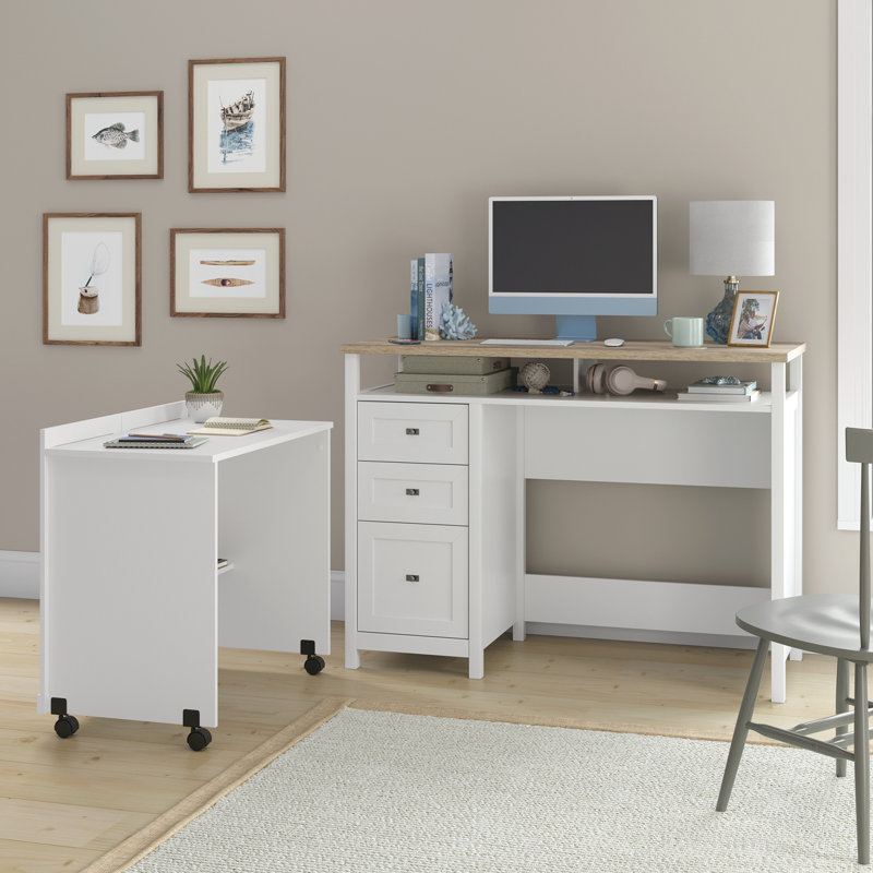 White Wood Credenza Desk with Drawer and Filing Cabinet