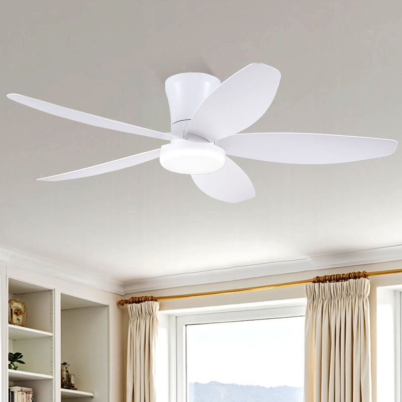 Flush Mount Ceiling Fan With Light And Remote, 42" Wide, White with White Blades