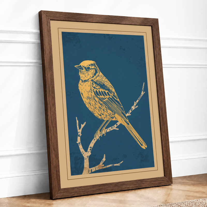 Songbird on Branch Japandi - Framed Print, Walnut, A1 - 84.1 x 59.4 cm