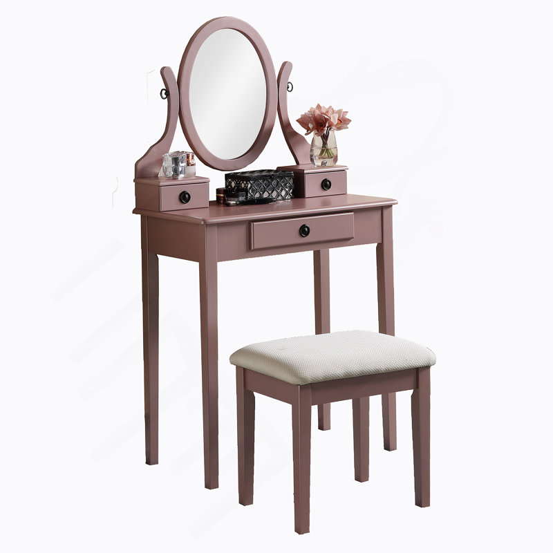 Wood Moniya Makeup Vanity Table And Stool Set, Rose Gold