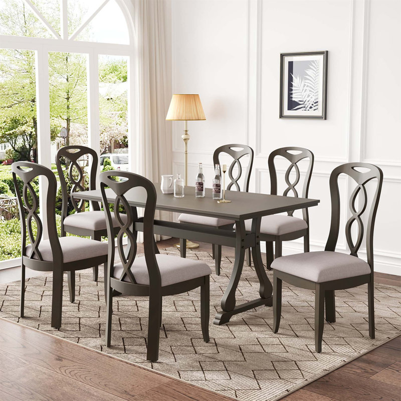 7-piece Dining Table Set With Upholstered Seats, Gray