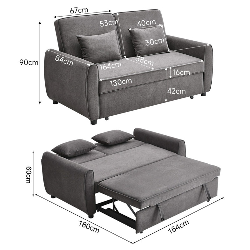 164cm W  Convertible Sofa Bed with 2 Pillows in Grey