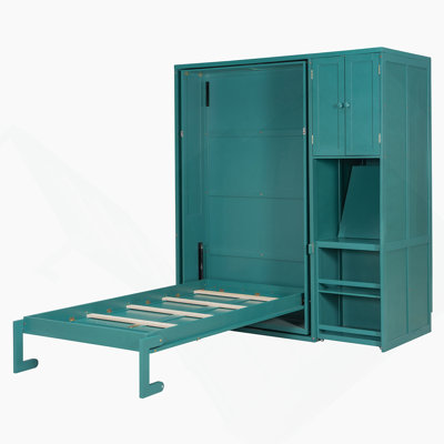 Lit escamotable mural simple avec bibliothèque, armoire supérieure, bureau extensible et rangement latéral, bleu sarcelle