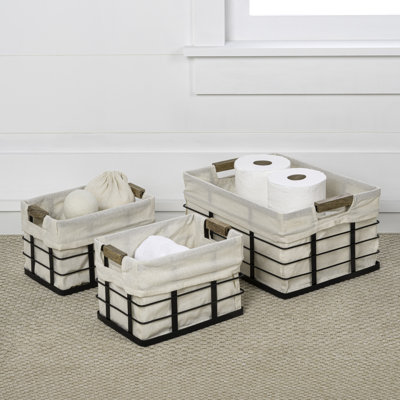 Callan Vintage Industrial Handmade Wire Metal Nesting Storage Baskets with Wood Handles and Fabric Liner (Set of 3)