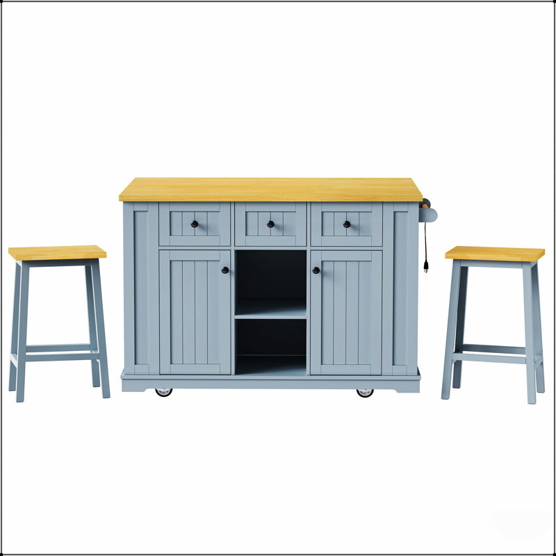 53Inch Large Kitchen Island With 2 Bar Stools, Power Outlet, Door Internal Storage, And Mobile Design For Enhanced Functionality