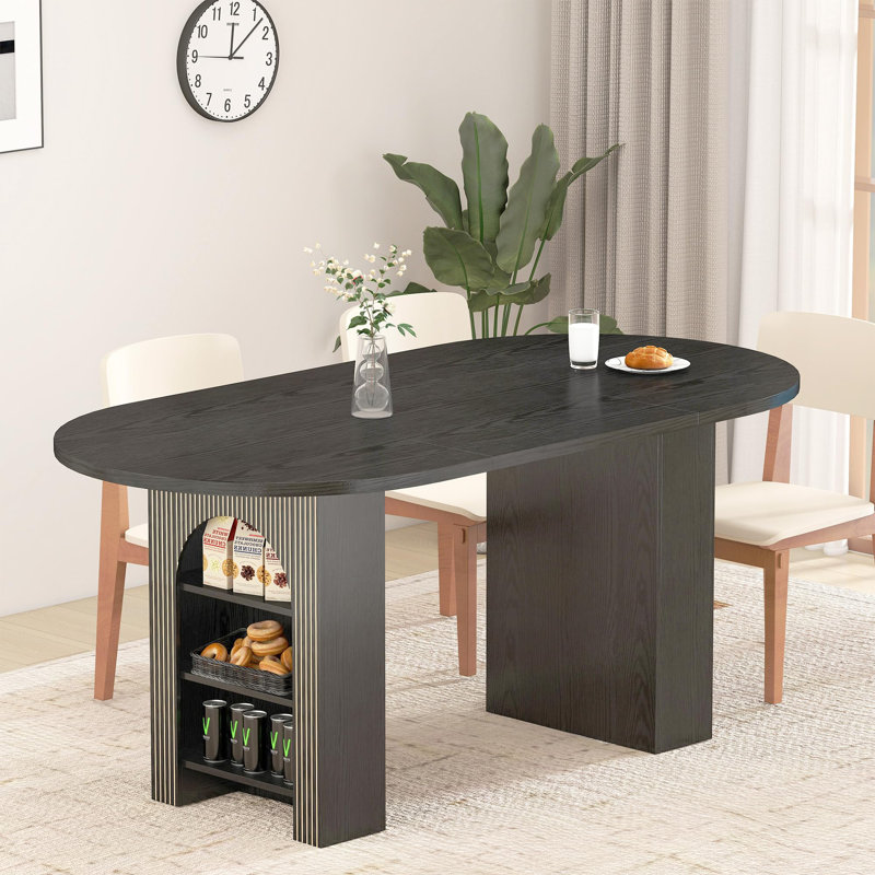 Table de salle à manger 70,8 "ovale pour 4-6 avec tablettes de rangement latérales doubles, Noir