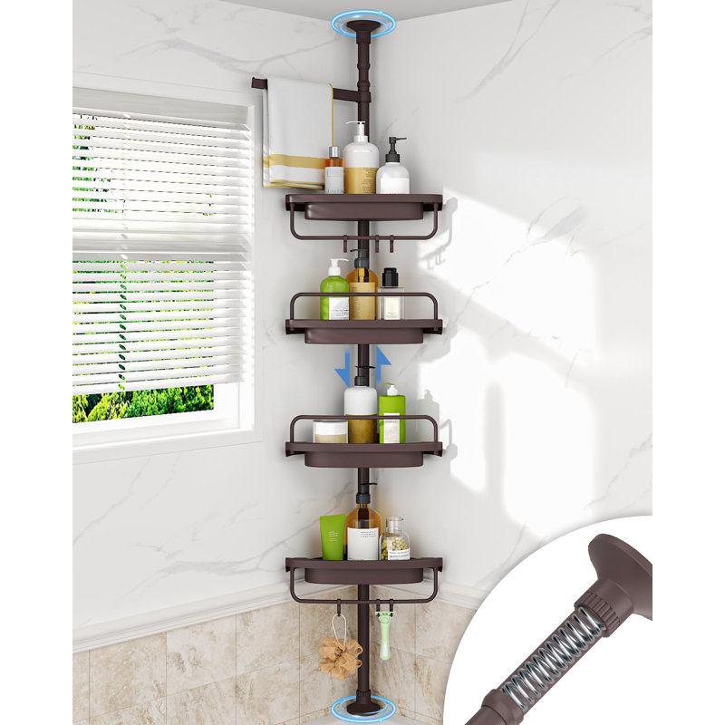 Coin de support de douche antirouille pour salle de bain, poteau de tension de support de coin de tension, organisateur de douche solide avec 4 tablettes de douche réglables,