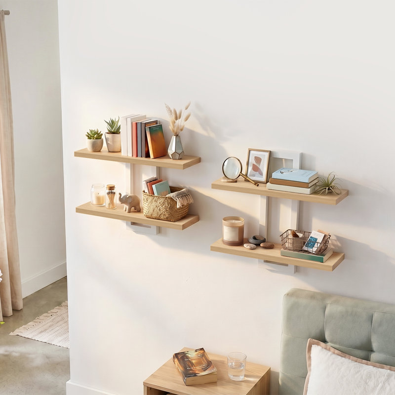 Tablette flottante, tablettes murales, Blanc et bois naturel