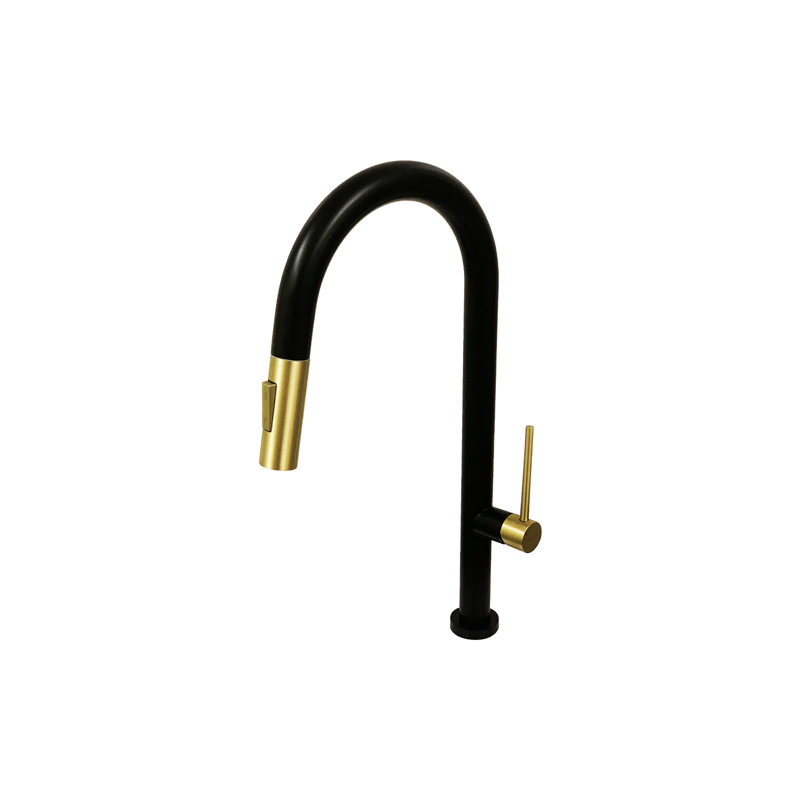 KBFmore 17.63 Inch Dual Function Stainless Steel Kitchen Faucet with Pull Out Down Spray Head, Black & Gold 2 Tone