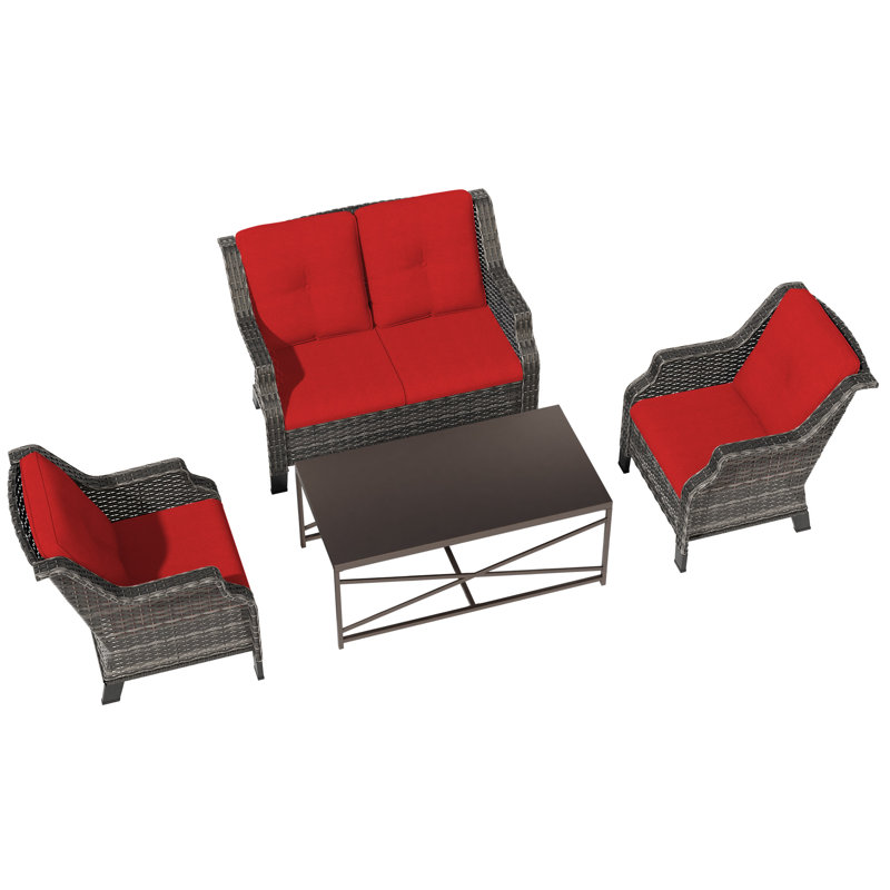 4 Pieces All-Weather Wicker Patio Conversation Set With Cushions, Loveseat, 2 Chairs & Metal Coffee Table, Red