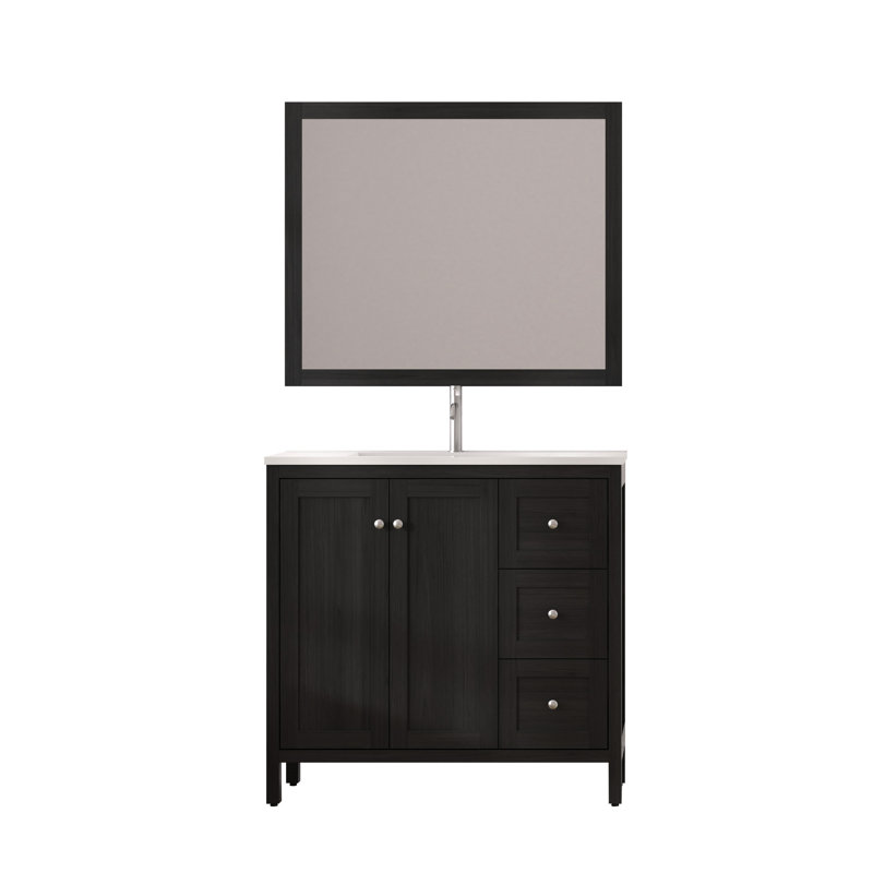 Meuble-lavabo 35,5 po, finition noire, lavabo en résine, 3 tiroirs, portes à fermeture douce, armoire à fermeture en douceur Water-American Design, conception Splash, fabrication en contreplaqué