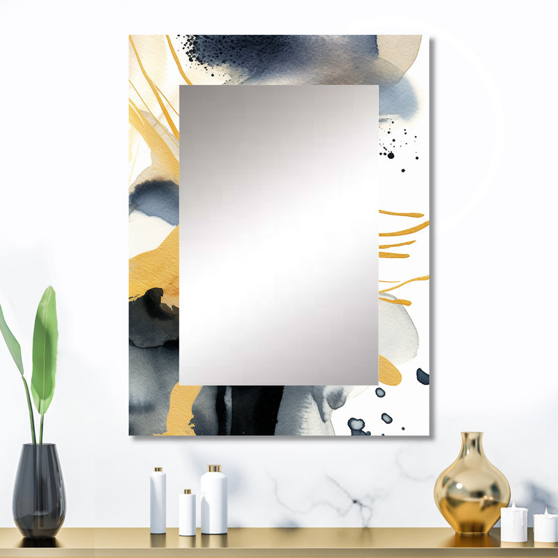 Pastel Abstract With Blue Black & Gold Spots VI - Fractals Decorative Mirror, Gold Wall Mirror, Printed Metal Art, 32" x 24"
