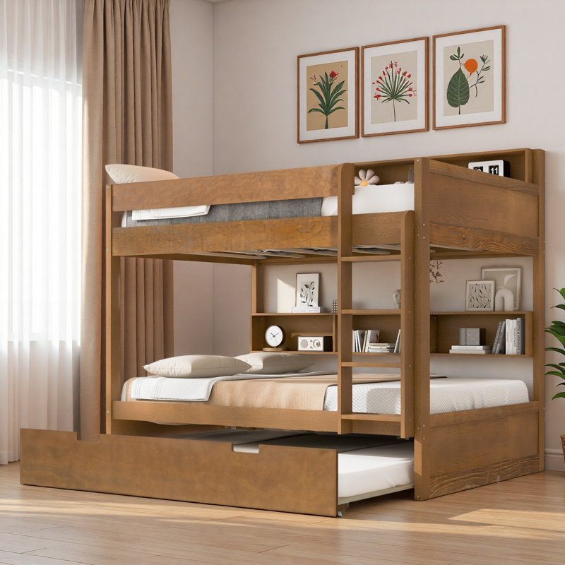 Lit superposé avec lit gigogne et rangement intégré, Simple sur simple, Bois antique