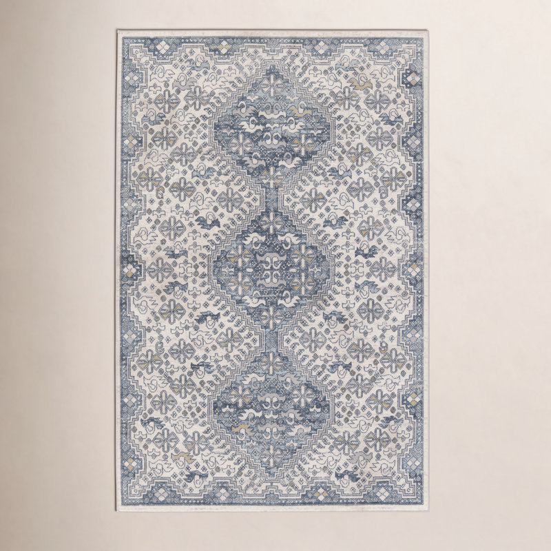 Tapis oriental crème / bleu Phoebe, Rectangle 5 pi 3 po x 7 pi