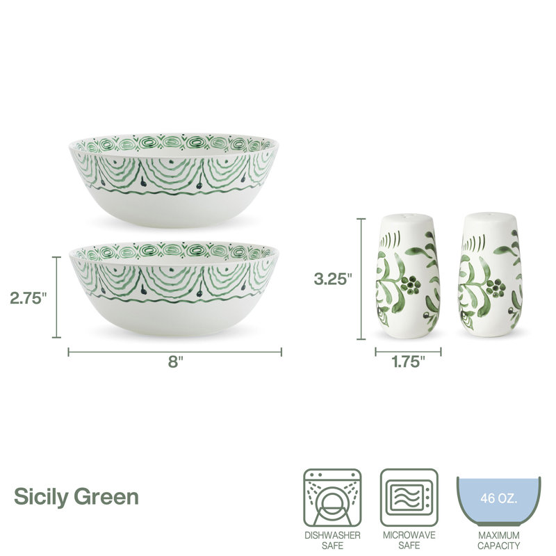 Green Floral Ceramic Serving Bowls with Salt & Pepper Set