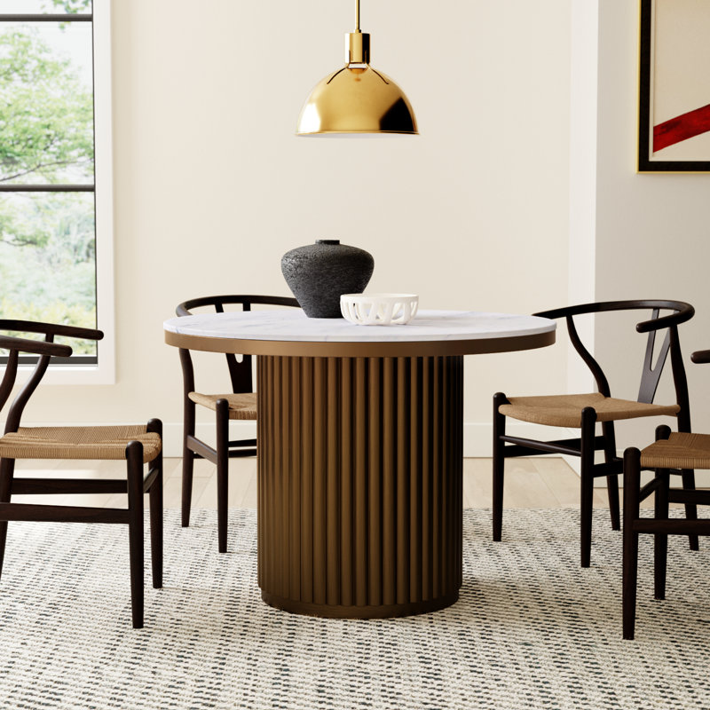 Ione 42" Pedestal Dining Table, White Marble/Antique Brass